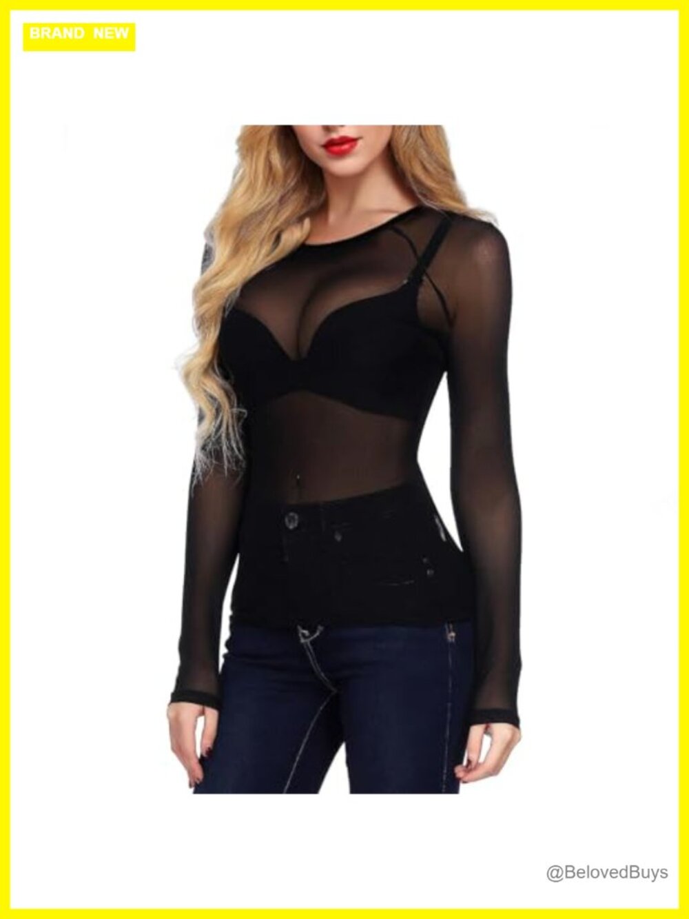 Sheer Mesh Fishnet Top Long Sleeve Round Neck Stretch Breathable Slimming